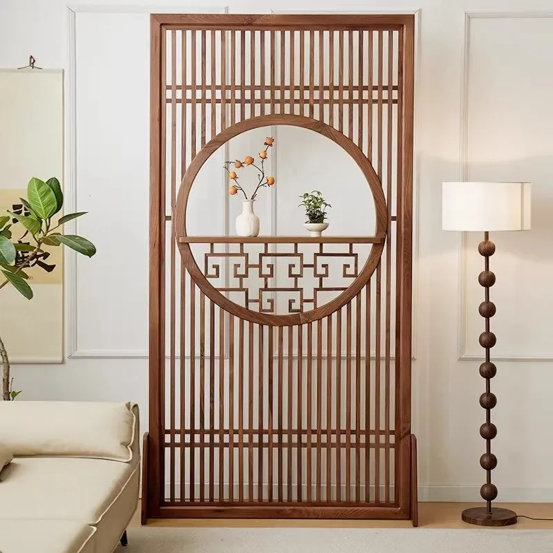 North American Black Walnut Solid Wood Screen Partition Chinese Style Hollow Grille Divider for Living Room Bedroom Decor
