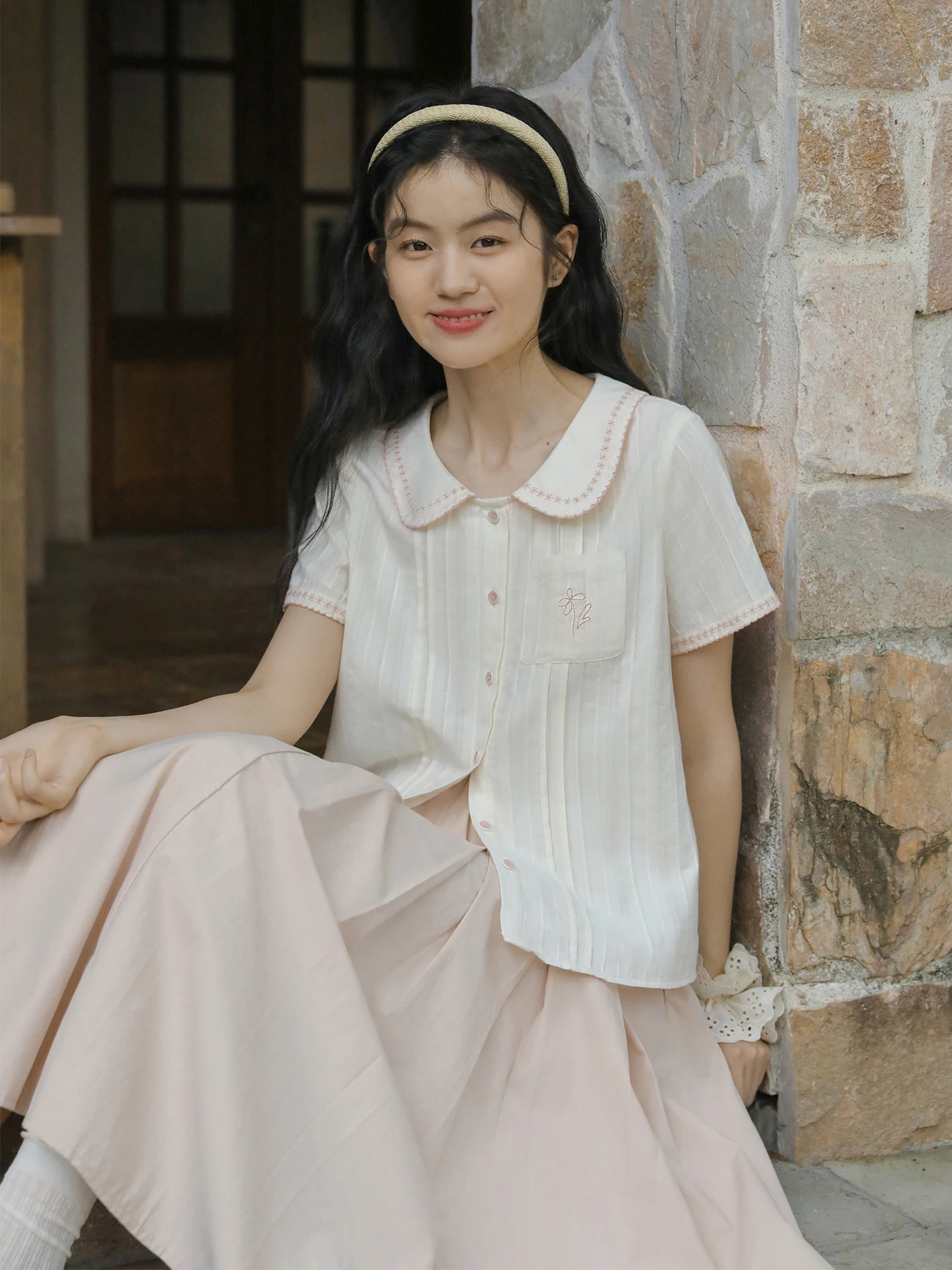 

Nesoulum Summer Cotton ort Sve Embroidered ket Doll Collar Loose Women's irt Vintage Sle Pure Color UV Protection