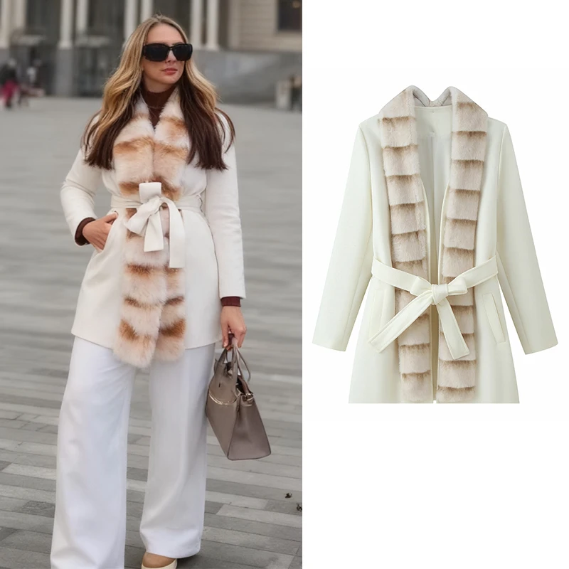 

Women Woolen Jacket Coat 2025 Winter New Fashion Fur Collar Solid Color Long Sleeve With Belt Coat Female Chic Leisure Outerwear