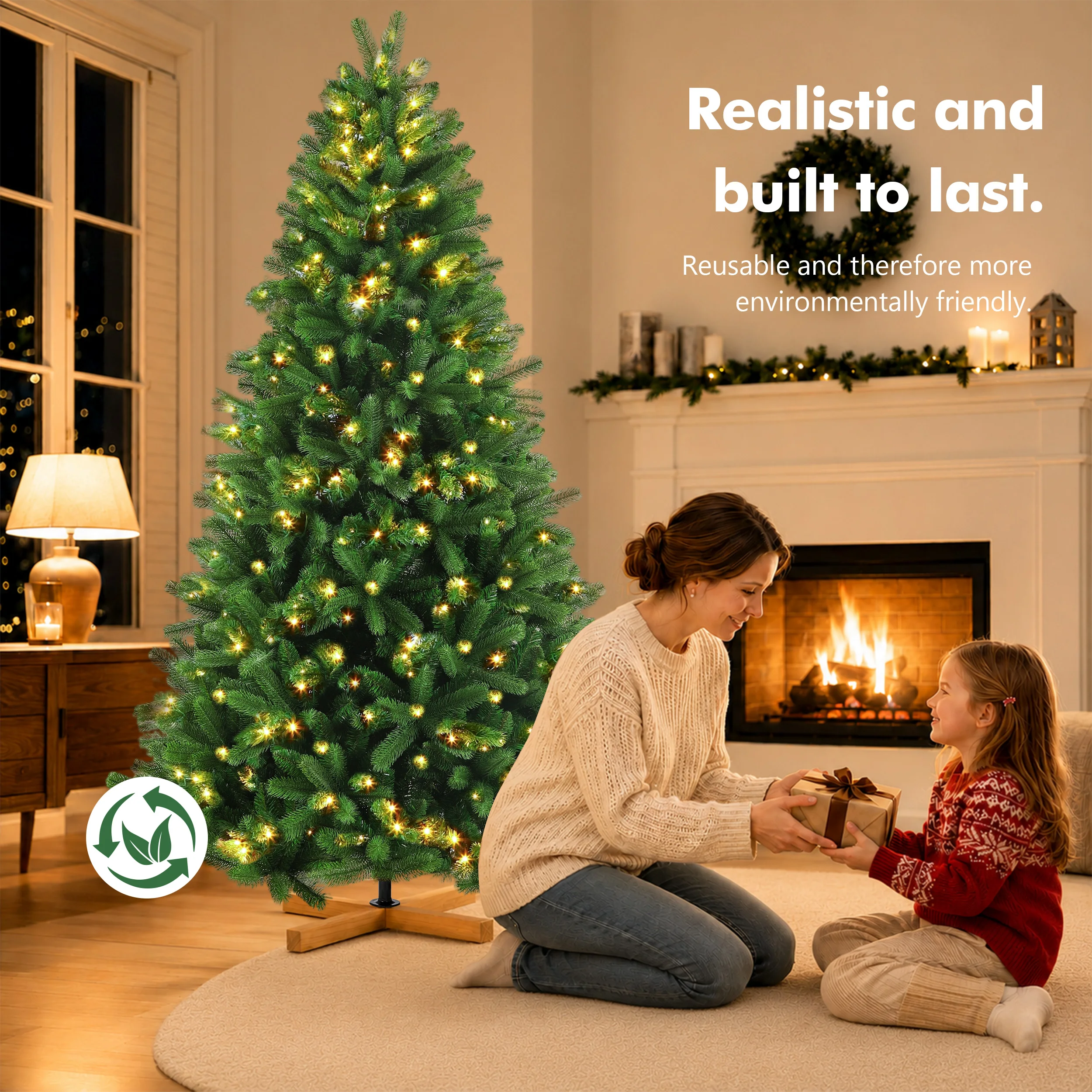 Vorgefertigter künstlicher Weihnachtsbaum mit gemischten PE- und PVC-Zweigen, warmweißes LED-Licht, flammhemmende, geruchlose Spitzen, Holzständer, 180/210/235 cm, vollständig wiederverwendbarer Weihnachtsbaum für Heim-, Büro- und Partydekoration. – Detail 5