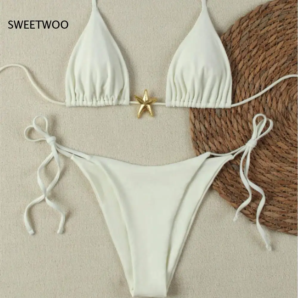 Gold Star Decor Triangle Halter Bikini Set Side Tie High Cut Swim Bottom Stretch Soft Fabric Minimalist Two Piece Swimsuit