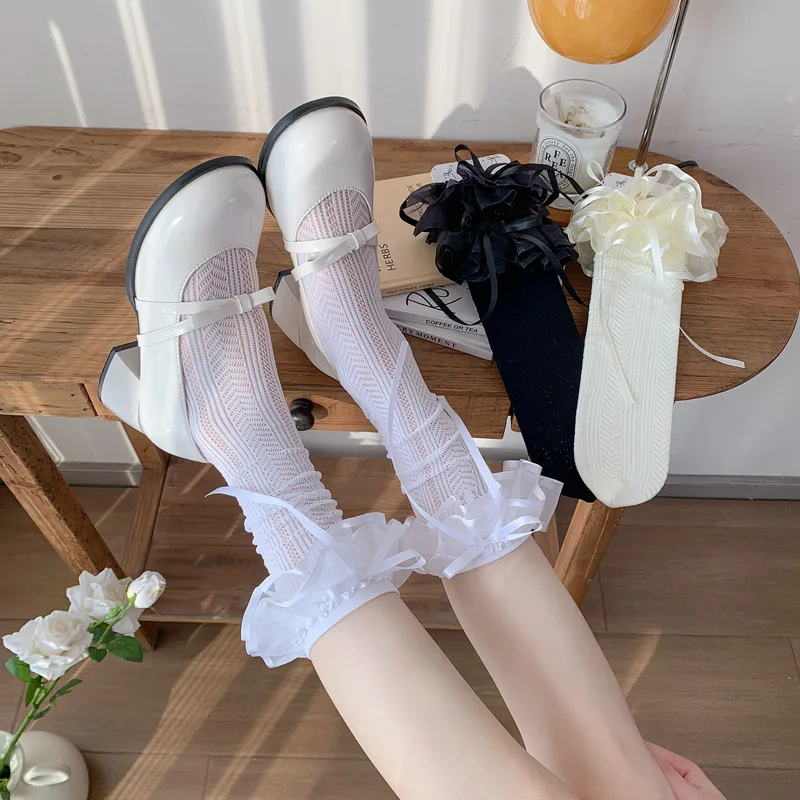 

Lolita Ruffle Socks Stockings Ribbon Bow JK Japanese Style Sweet Girls Princess Socks Hollow Out Sexy Lace Mesh Fishnet Stocking