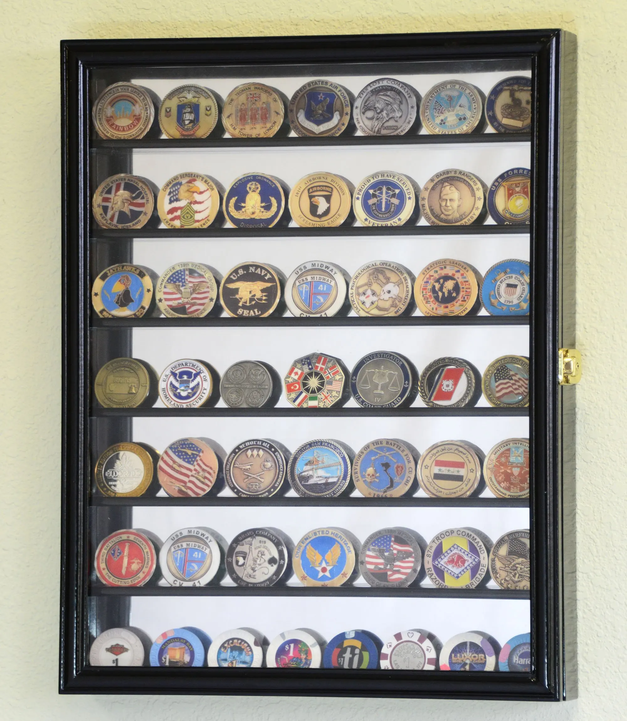 Mirrored Back Military Challenge Coin Display Case Cabinet Holders Rack w/UV Protection (Black Finished)