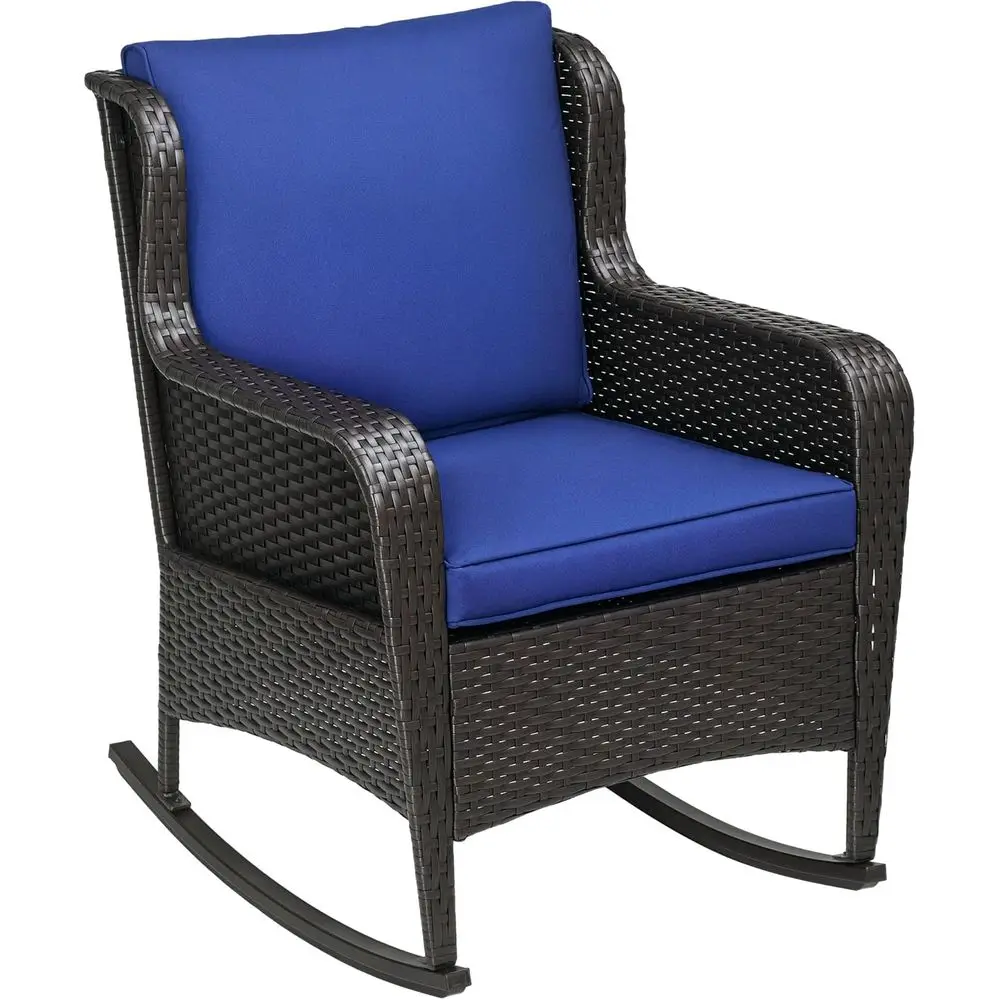 

Wide Seat Outdoor Wicker Rocking Chair with Thick Cushions, High Weight Capacity, Ideal for Patio or Garden in Navy Blue