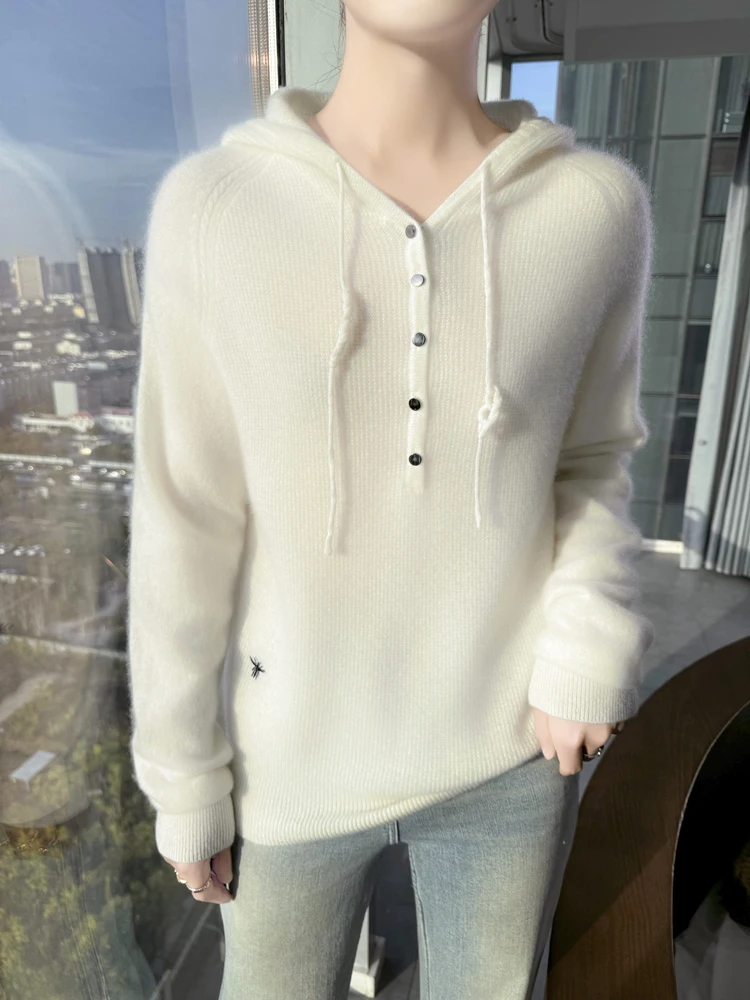 Fashionable 100% Merino Wool Sweater Women's Hooded Knitted Pullover Soft Long Sleeve Cashmere Autumn Winter for Clothing Top