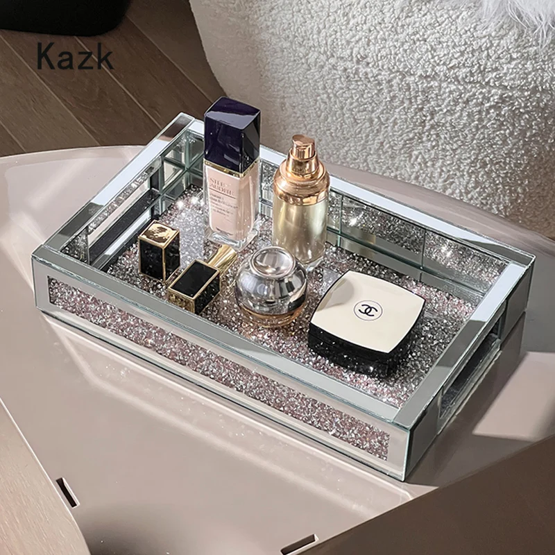 High End Diamond Inlaid Tray Modern Decor Service Tray Home Desktop Skincare Jewelry Organization Storage Trays Decorative