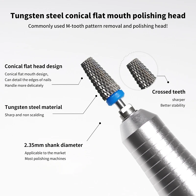텅스텐 스틸 네일 드릴 비트 밀링 커터, 연마 원추형 플랫 네일 제거 그라인딩 도구, UV 젤 네일 드릴 비트 액세서리