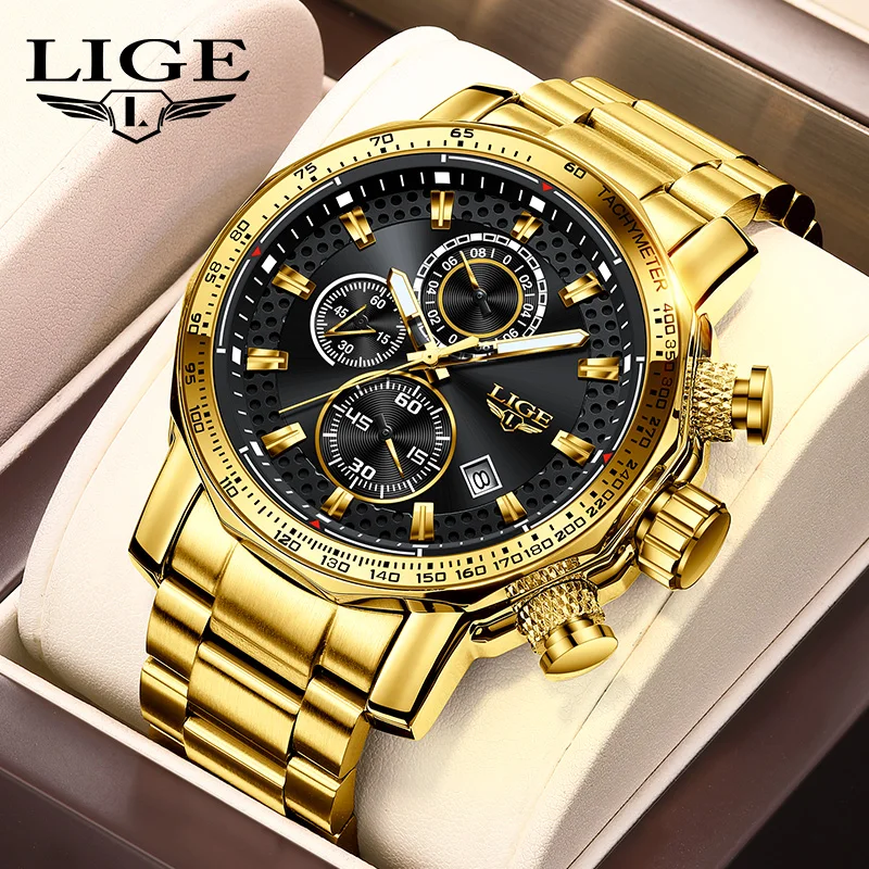 

LIGE New Fashion Gold Big Dial Watch Men Top Brand Luxury Outdoor Sports Waterproof Men's Quartz Wristwatches Reloj Hombre+BOX
