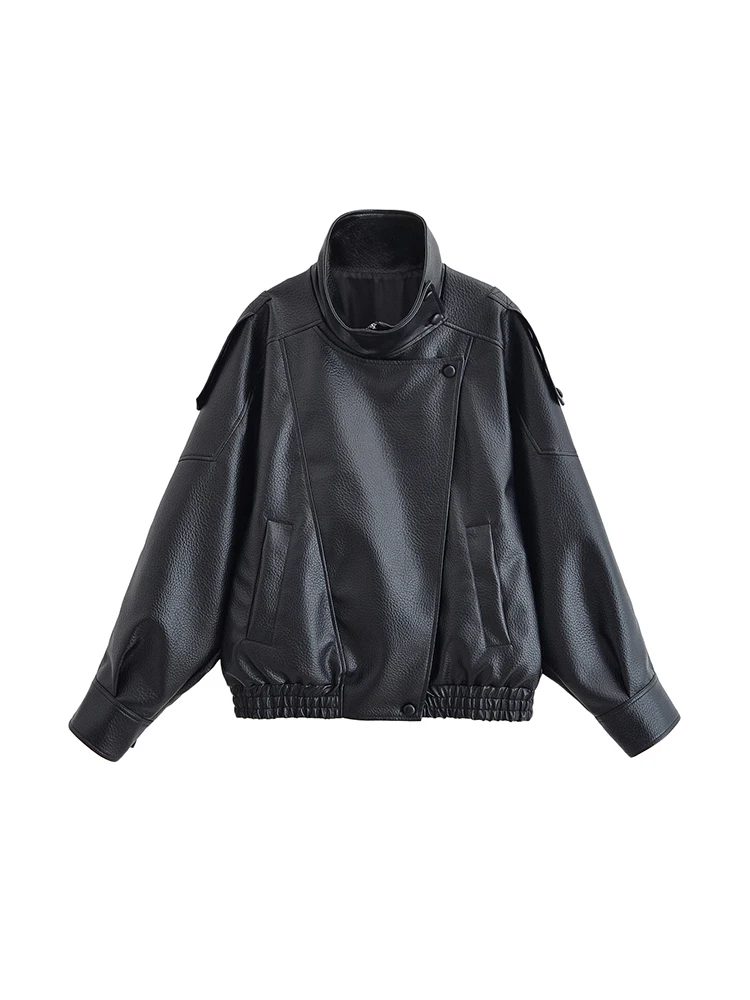

Women's Fashion Faux Leather Oversized Jacket Long Sleeve Front Zipper Chic Outerwear Female Tops