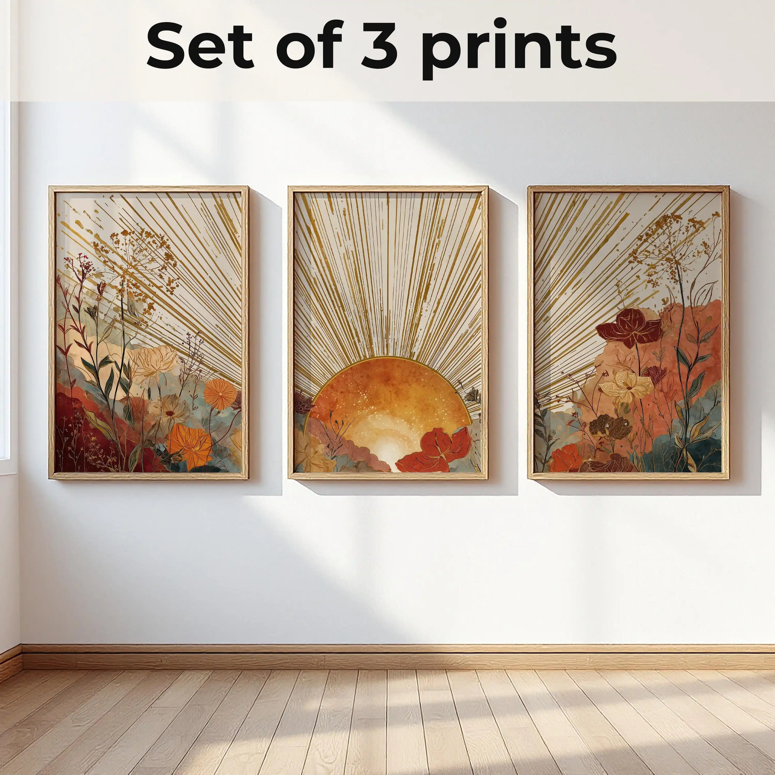 3pcs frameless Canvas Painting 3Pcs Boho Sunset Floral Wall Art,Golden Sunburst Wildflower Terracotta Watercolor Canvas Print,Mu