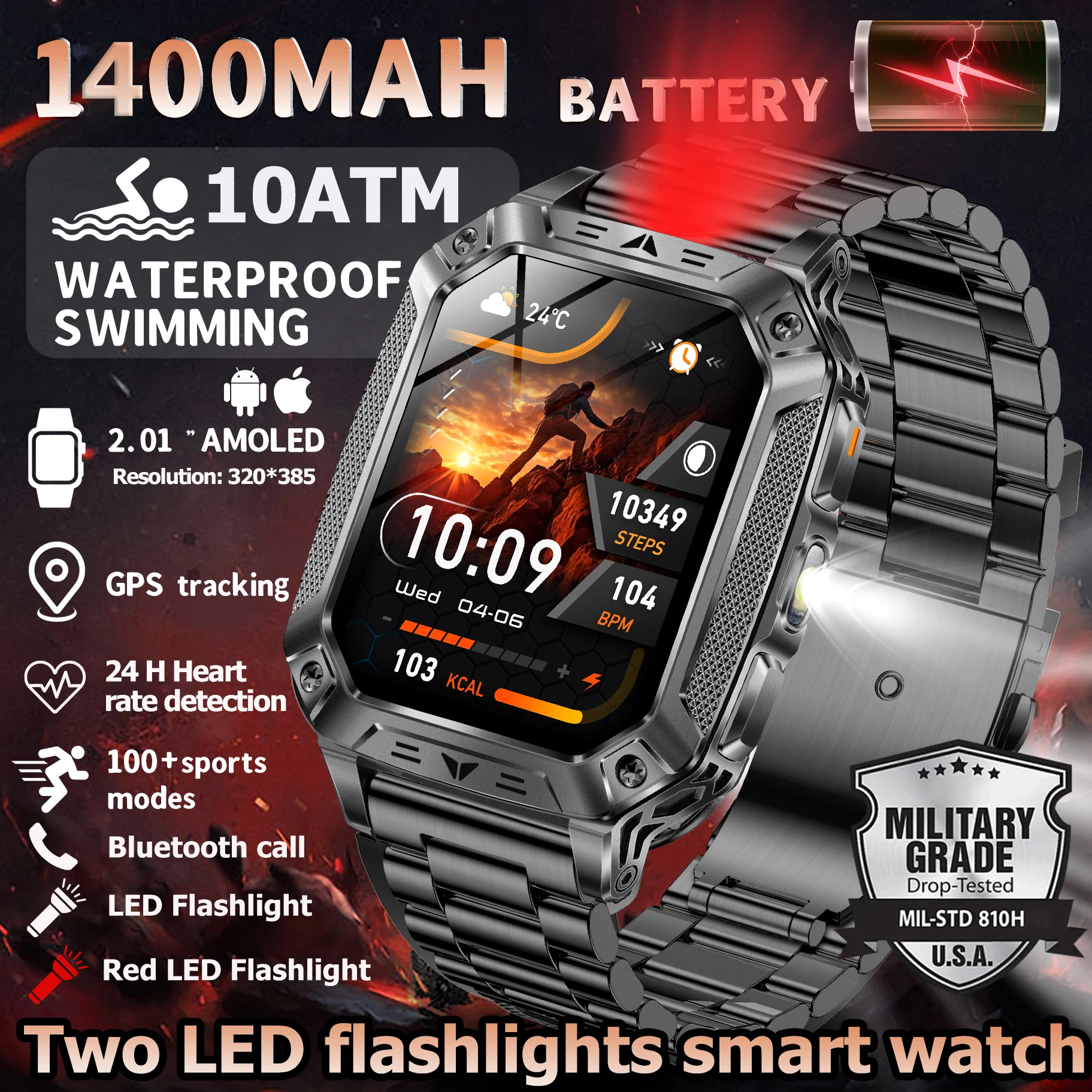 

2026 New Military Smart Watch 1400Mah Battery Fitness Tracking 10ATM Waterproof Tactics Sport Flashlight call Bracelet For Men