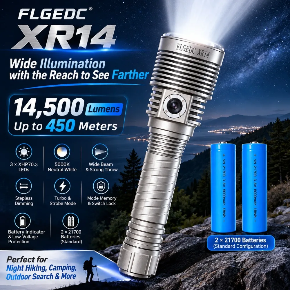 FLGEDC XR14 Triple XHP70.3 Outdoor Led Flashlight 14500 Lumens Super Bright Flash Light 450m Camping Emergency Search Torch