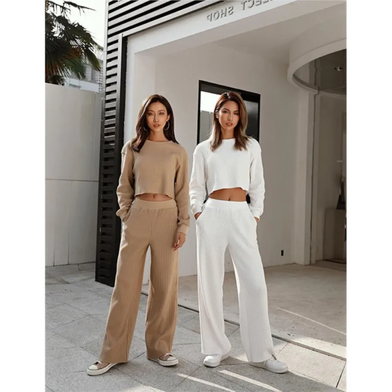 Autumn Women's Casual Two Pieces Set FashionLong Sleeve Long Pants Midriff-baring Suit Spring Solid Color Ladies Office Outfit