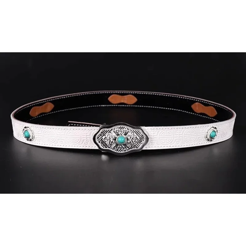 Mongolian Element Belt, Pure Cowhide Embossed Life Denim Belt
