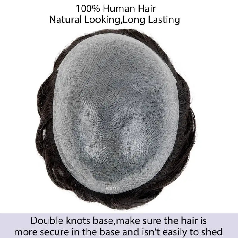 Prótese de cabelo masculino com nó durável, 0.06-0.08mm, 100% cabelo humano natural, peruca para homens, unidade de sistemas capilares