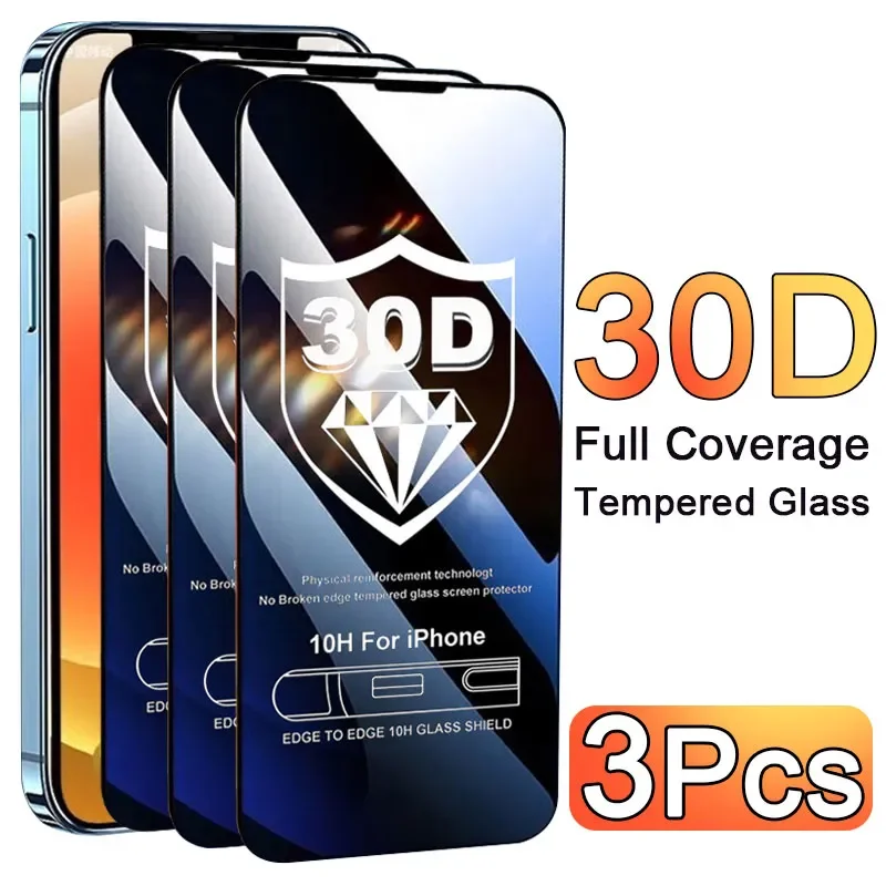 3PCS 30D Tempered Glass Screen Protector for IPhone 13 14 11 15 16 Pro Max Plus 12 Mini XS XR X Film 15Pro Full Protective Cover