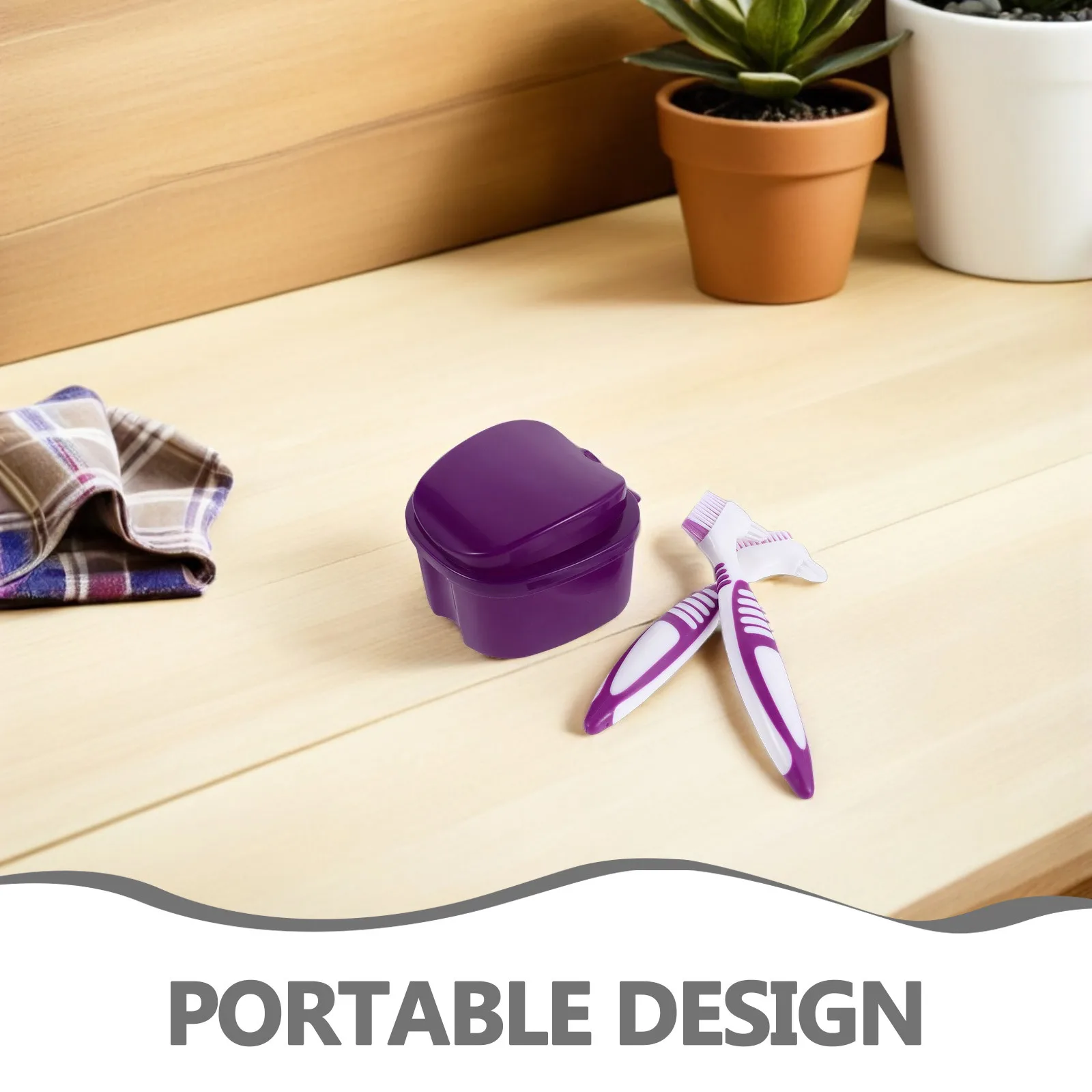 مجموعة واحدة من أدوات أسنان الأسنان مع فرشاة أسنان كاذبة لتنظيف الأسنان المزيفة أداة العناية بالفم بحجم السفر باللون الأرجواني