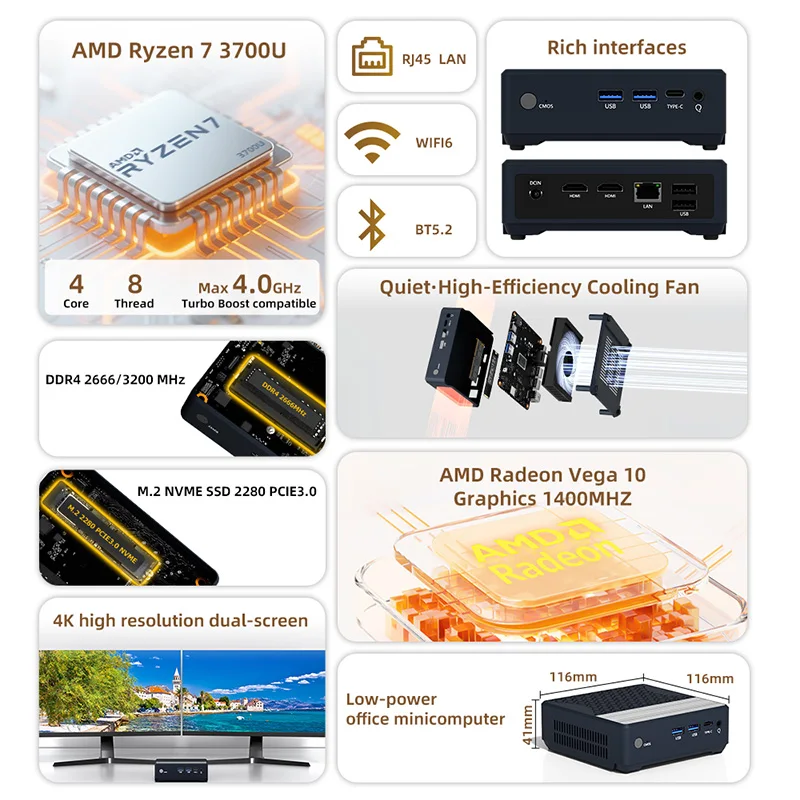 كمبيوتر TexHoo Mini، AMD R7-3700U/R5-3500U Win 11 Pro DDR4 2400MHz M.2 PCIE3.0 NVME SSD WiFi 6 BT5.2 كمبيوتر ألعاب مكتبي منخفض الطاقة