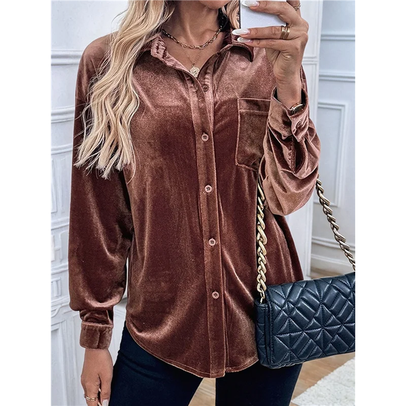 CGS-Damski zimowy kardigan z długim rękawem, aksamitny, zapinany na guziki, casualowy top, koszula, bluzka damska, kolor kawowy brązowy, rozmiar S