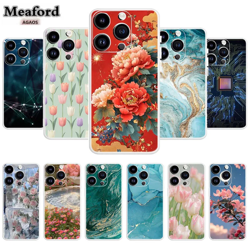 Florals Phone Case For Apple iPhone 11 12 14 Pro Max 16 15 Plus Cover iphone 13 mini Soft TPU Silicone Transparent Capa Shield