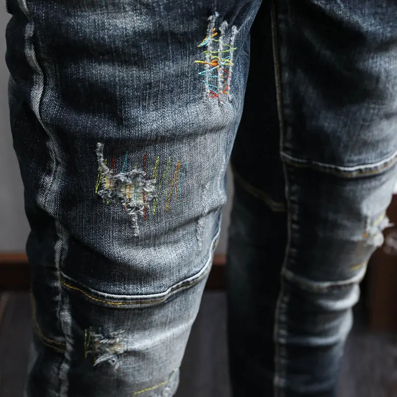 Street Designer Fashion Men Jeans Retro Dark Blue Stretch Slim Fit Ripped Jeans Men Embroidery Vintage Y2K Denim Pants Hombre