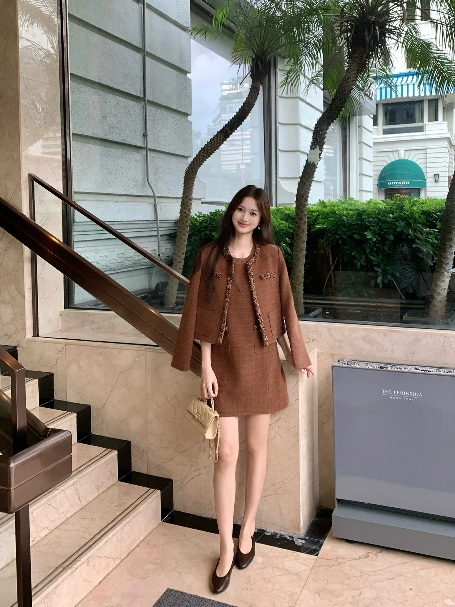 Pusumede Classic Short Coat And Sleeveless Dress Two-Piece Set for Women Elegant Coarse Tweed Fashionable Autumn Outfit