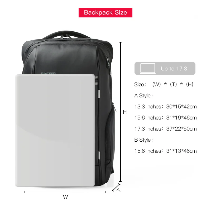 Imagem -05 - Kingsons Impermeável Anti-roubo Mochila para Notebook para Homens e Mulheres Externo Usb Charge Laptop Bolsa 13.3 15.6 17.3