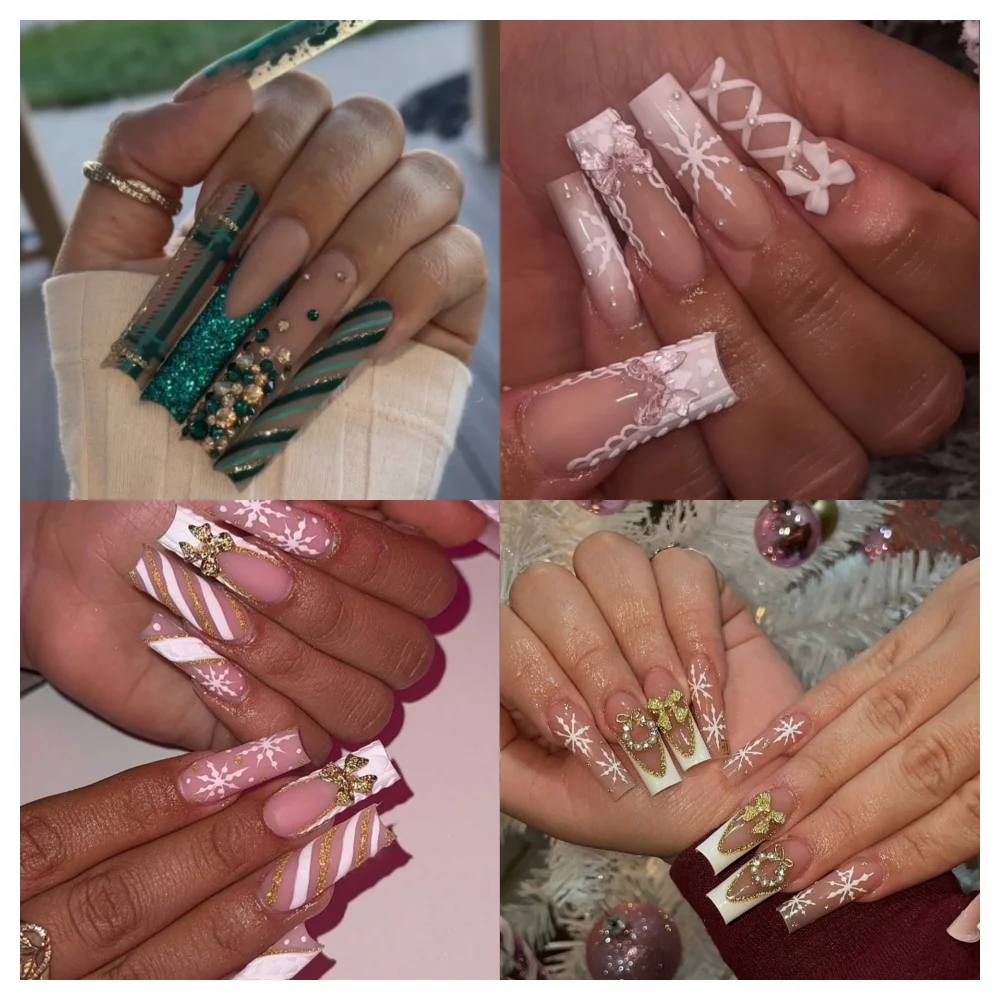 

Christmas Press On Nails Handmade Square Luxury Fake Nails Painting French 3D Snowflake Design Reusable 10 Pcs Acrylic Nails Kit