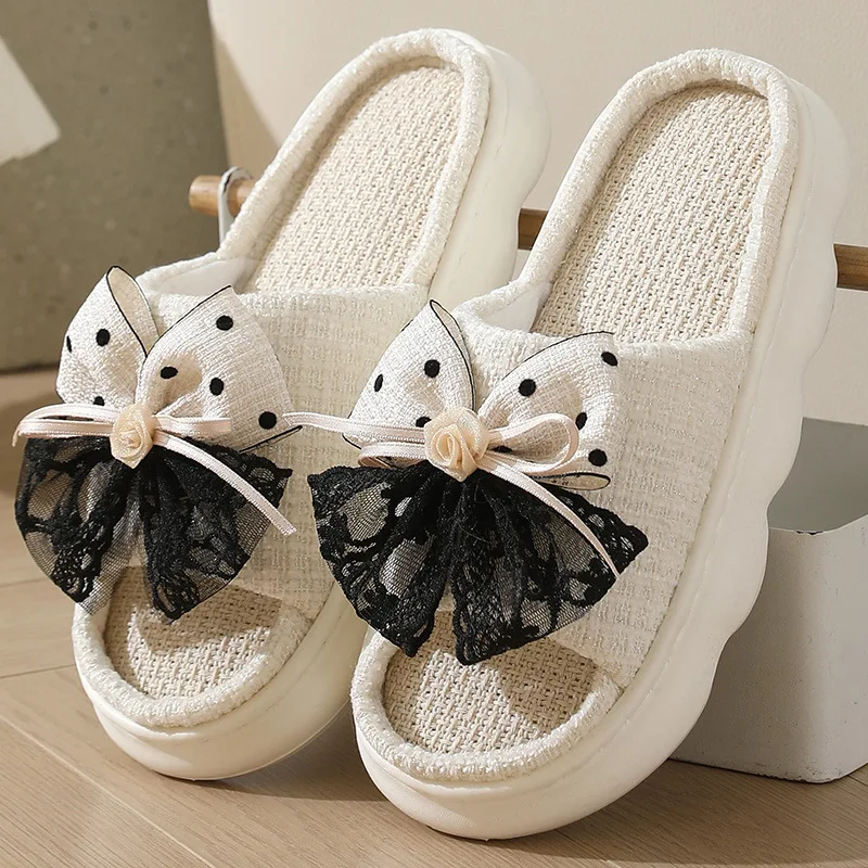 

Bow Linen Slippers for Women Non Slip Breathable Indoor Cotton House Shoes with Thick Sole Spring Autumn Home Slippers
