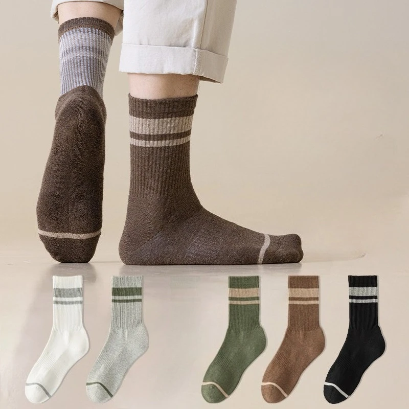 5 pairs of men's pure cotton autumn winter mid tube thick warm striped looped socks men's all cotton boneless mid tube socks
