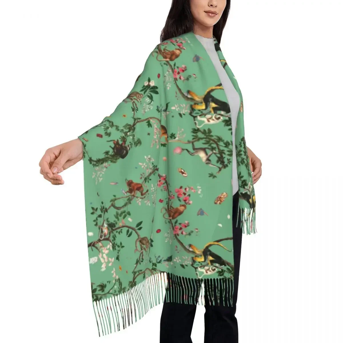 Monkey  Green Scarf with Long Tassel Animals Chinoiserie Warm Shawls Wrpas Men Women Scarves Wraps Autumn y2k Bufanda Mujer