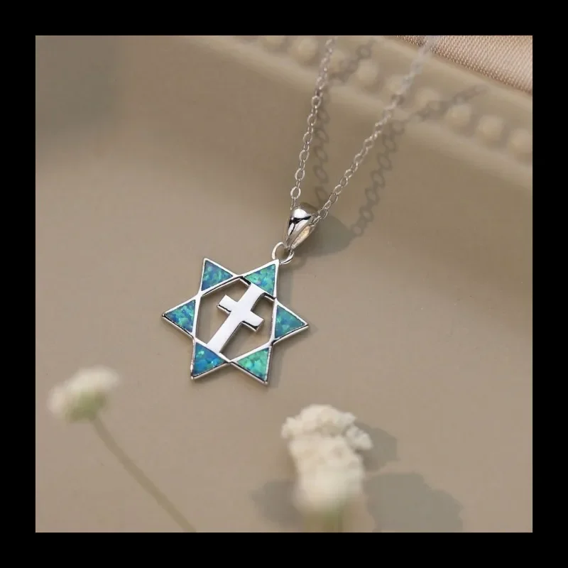 الأزرق أوبال S925 الفضة السداسية الصليب قلادة الأزياء والمجوهرات الاتجاه تنوعا #2