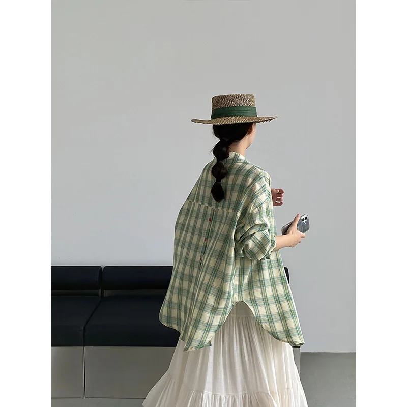 SuperAen Korean-style Green Plaid Long-sleeved Sun-protective Shirt for Women 2026 Summer New Contrast Color Shirts