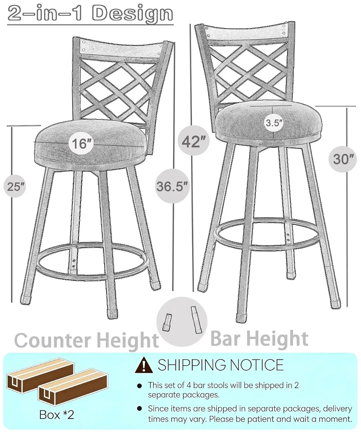 Set of 4 Swivel Bar Stools with Backs, 2-in-1 Adjustable 25