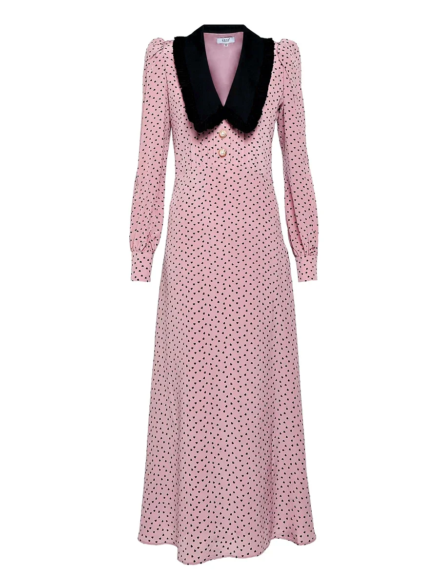 Robe rose de style français pour femme, mode indépendante, rétro, impression de cœur, col beurre, robes d'automne, coupe couvertes, 2023