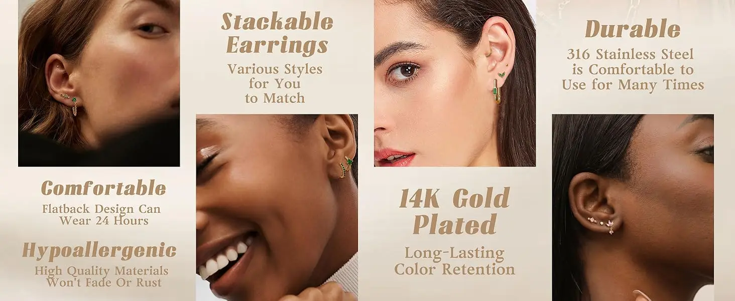13Pcs Hypoallergenic Stud Earrings Hoop Earrings Set for Women 14K Gold-plated Flat Back Cartilage Earring for Multiple Piercing