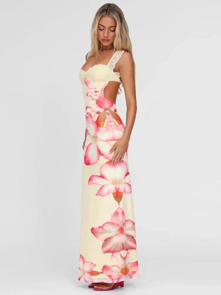 Chaxiaoa الدانتيل طباعة مثير فستان ماكسي المرأة الصيف موضة ساحة طوق بلا أكمام عارية الذراعين الدانتيل متابعة Bodycon نادي فستان طويل #4