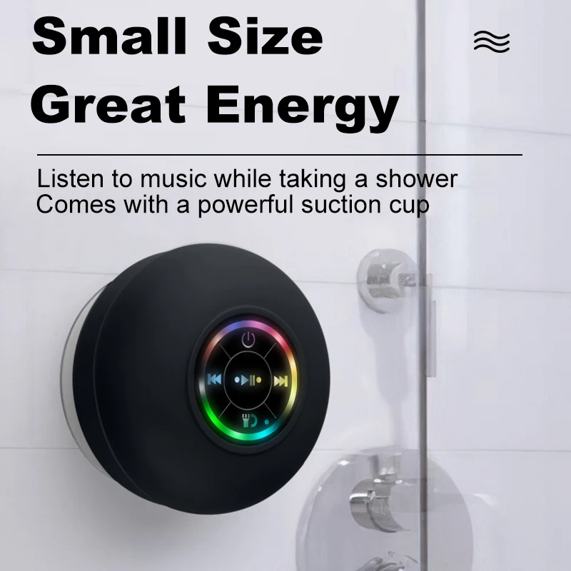 Portable Waterproof Mini Bluetooth Shower Speaker with Suction Cup and LED Lights 3D Surround Stereo Subwoofer Bathroom Audio