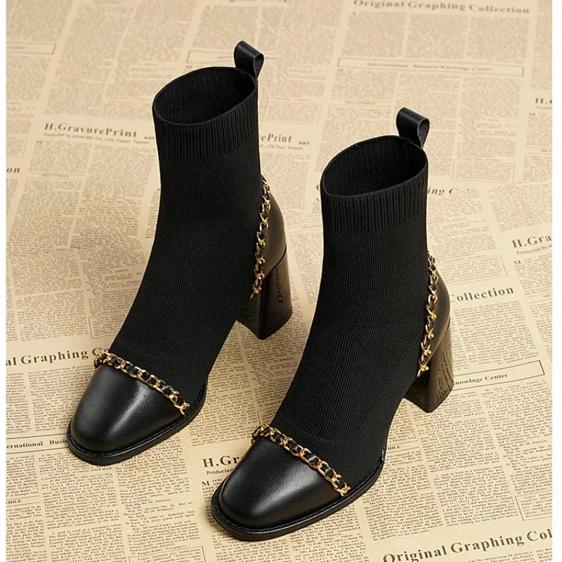 

2024 Autumn/winter New Elastic Boots French Brown Square Head Thick Heel High Heel Temperament Ankle Boots