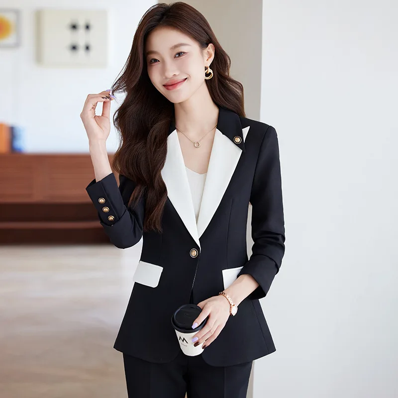 Elegant Women's 2-Piece Business Suit, Contrast Lapel Blazer & High Waist Flare Trousers, Formal Office Work Wear for Ladies