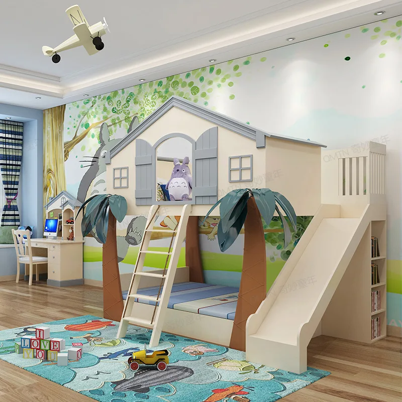 Second child children\'s room bed solid wood boy and girl theme hotel children\'s bed tree house bed double deck slide bed