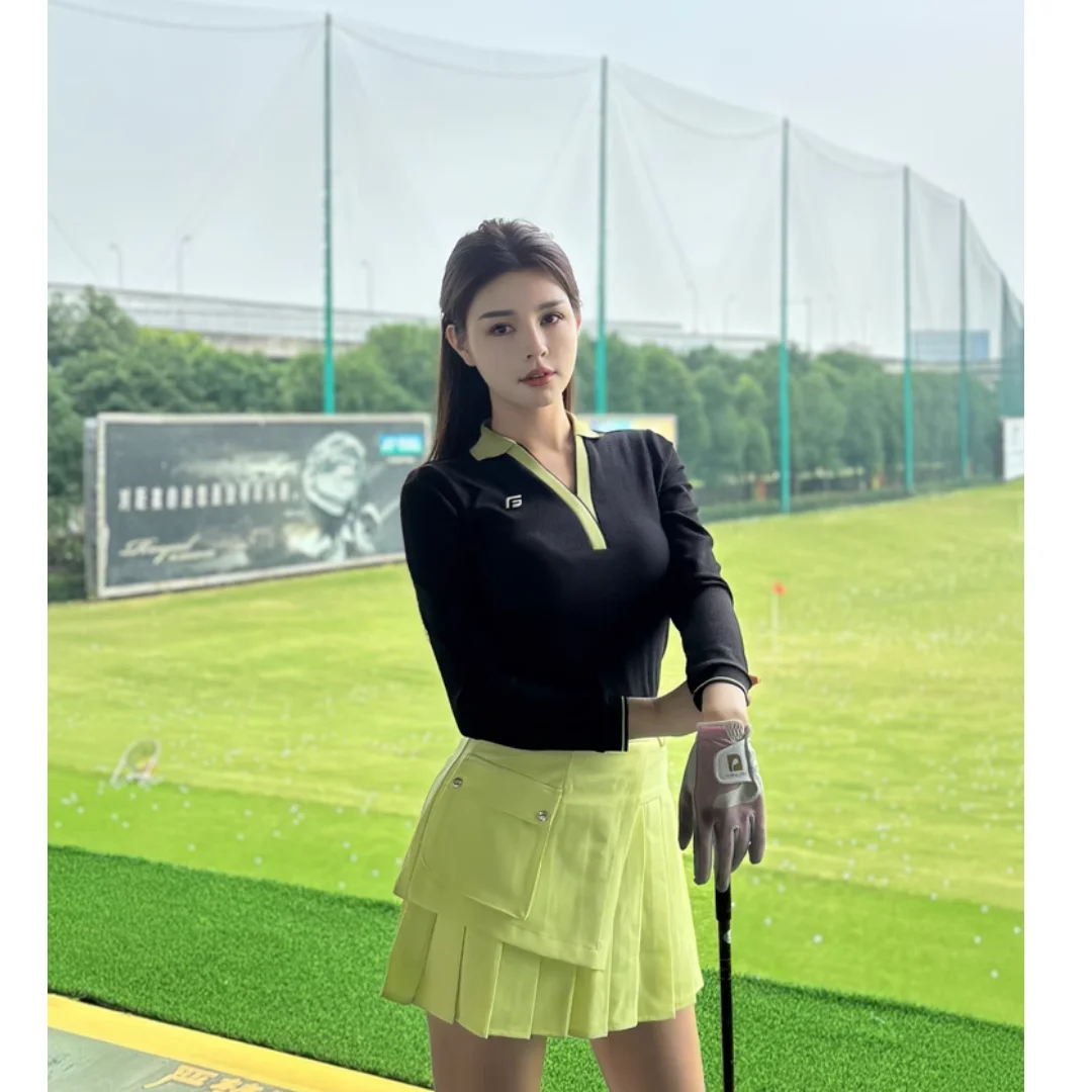 Golf clothing women\'s autumn and winter polo shirt long sleeved T-shirt slim fit and slimming V-neck top pleated short skirt set