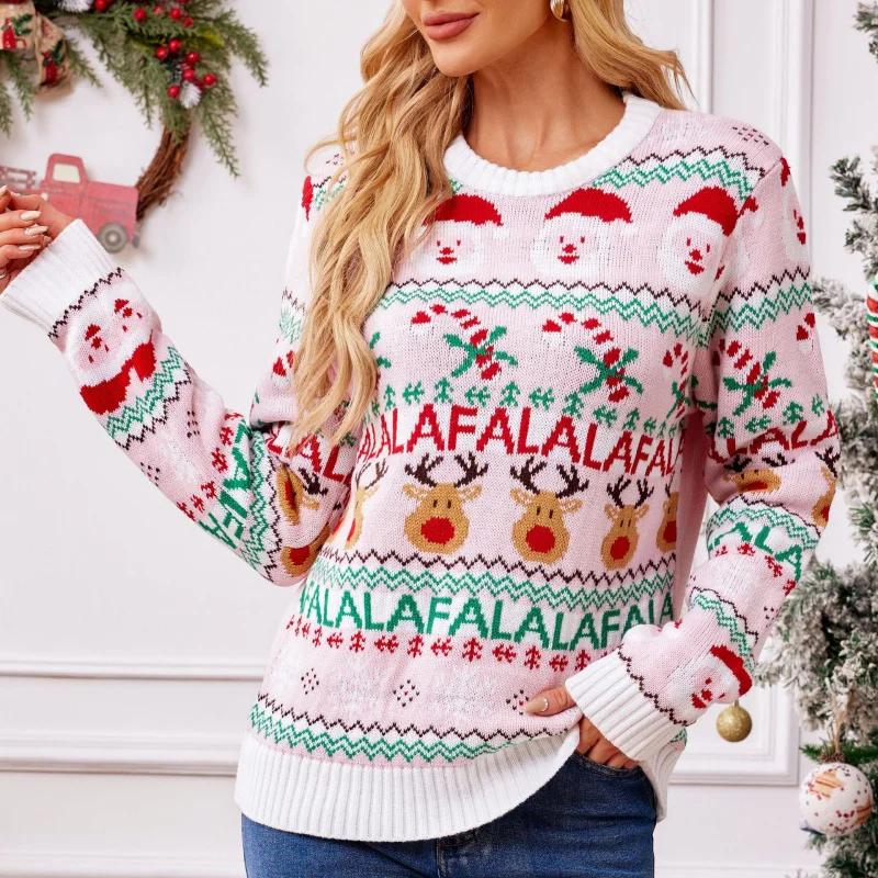 2025Hot-selling Pink Sweet Knitted Sweater for Women, Autumn and Winter Pullover Long Sleeve Jacquard Christmas Sweater