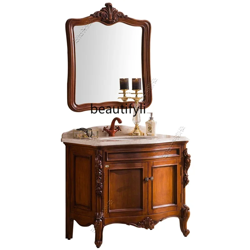 

l Solid wood European bathroom cabinet combination floor-to-ceiling oak antique hand wash basin cabinet carved washbasin