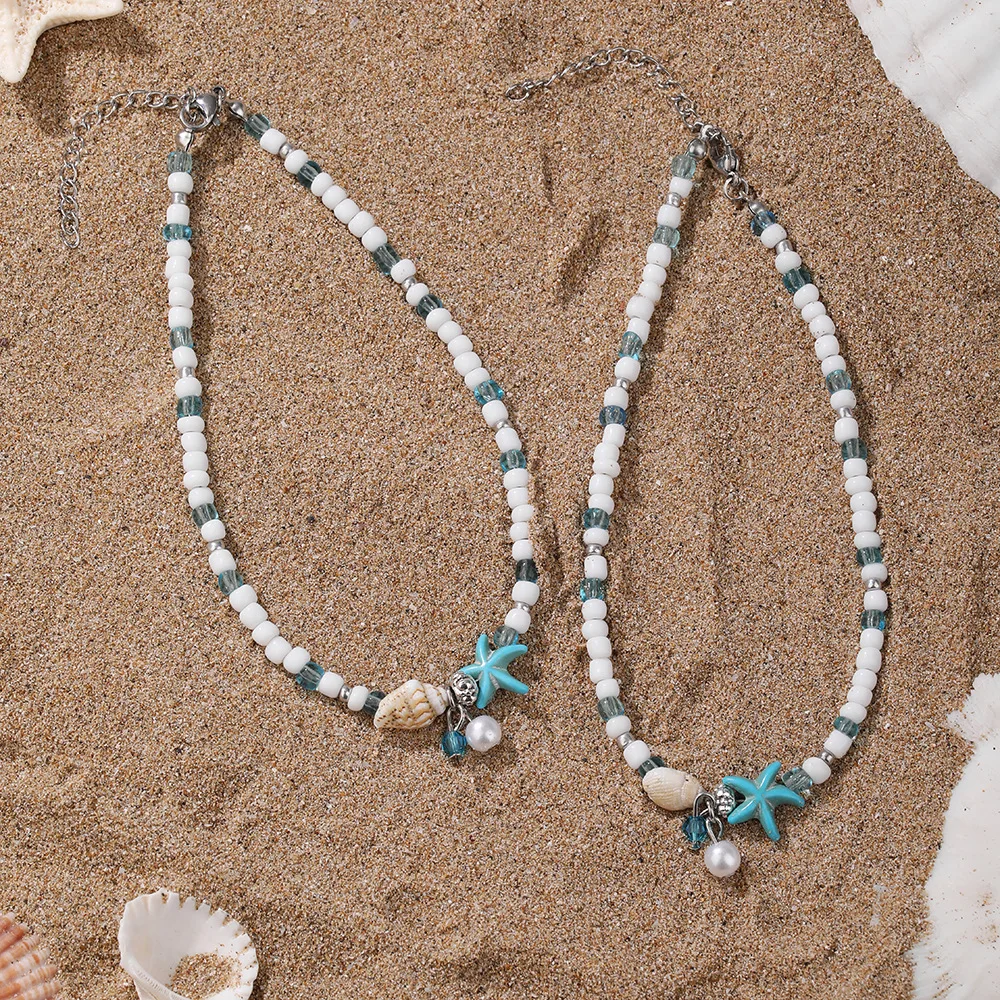

Bohemian Simple Starfish Conch Rice Bead Bead Hinglet Summer Holiday Style Pearl Pendant Adjustable Women's Foot Ring