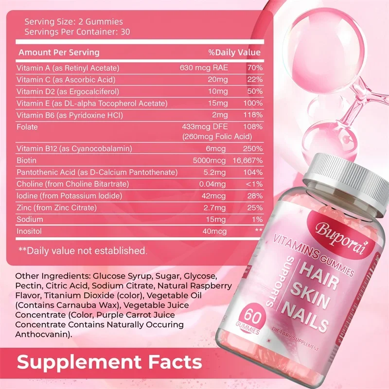Hair Skin and Nails Gummies - Antioxidant, Promote Hair Growth, Brighten Skin Tone, Support Healthy Nails