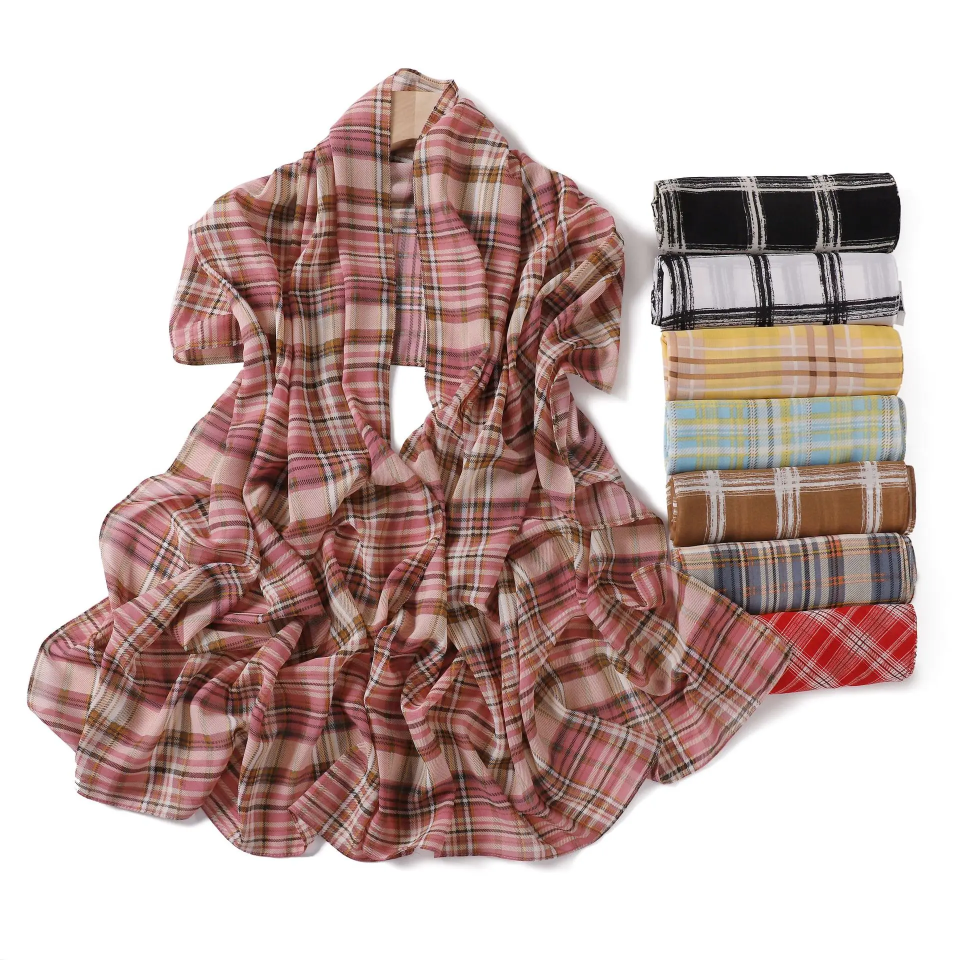 Summer Plaid Print Chiffon Scarf Shawl Wrap for Women Thin Lightweight Beach Sarong Air Conditioner Cover Scarf