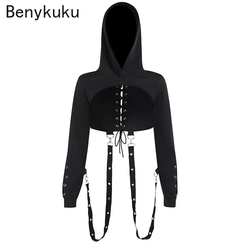 Y2K Gothic Hoodies Hooded Long Sleeve Eyelet Suspenders Solid Black Crop Sweatshirt For Woman Streetwear Punk Hoodies 2024