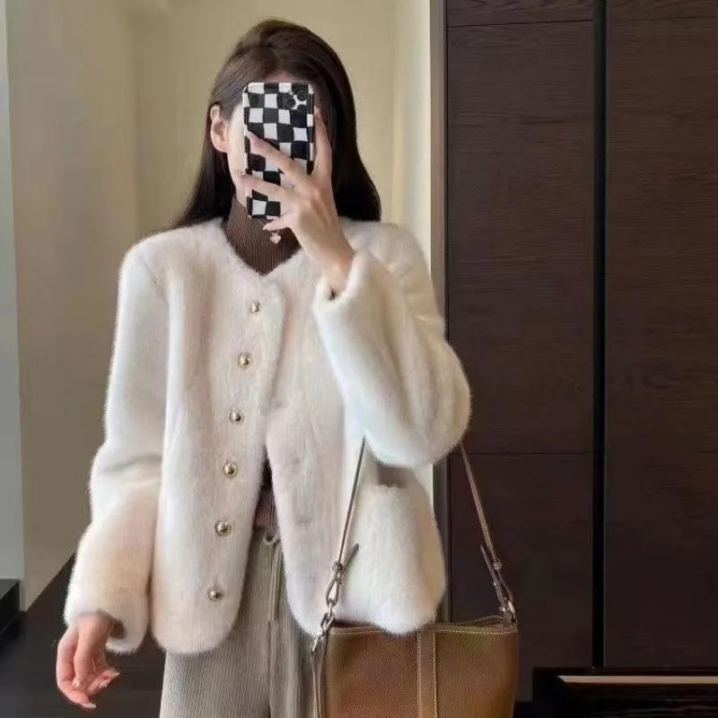 

Luxury Winter Warmth Fluffy Faux Mink Fur Coat Thick Overcoat for Women Autumn Winter Fur Jacket Long Sleeve Cropped Top Button