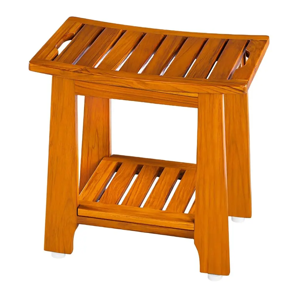 

14"" Compact Teak Shower Stool With Shelf & Handle - Waterproof, Non-Slip Bath Bench For Small Bathrooms/Outdoor Use, 300 Lbs